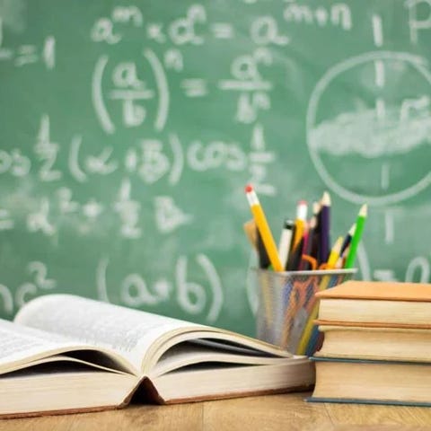 Stock photo of books in classroom.