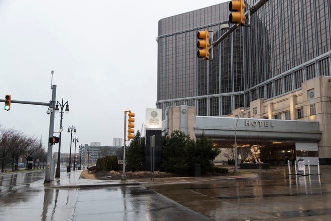 MGM Grand Detroit Hotel and Casino entrance in Detroit, Thursday, March 19, 2020.
