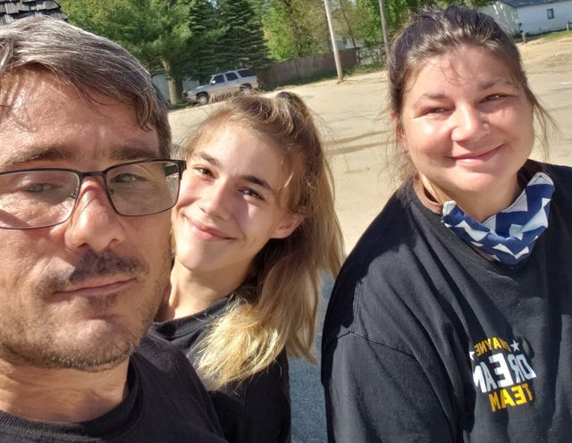 From left to right, Dwayne, Hannah and Tabitha Richard  drove 19 hours from Richard, Louisiana to cook homemade gumbo for flood victims in Midland on Tuesday, May 26, 2020.