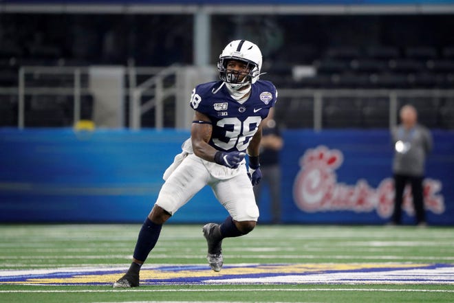 Penn State safety Lamont Wade (38) drops into pass coverage during the first half of the NCAA Cotton Bowl college football game against Memphis in Arlington, Texas, Saturday, Dec. 28, 2019. (AP Photo/Roger Steinman)