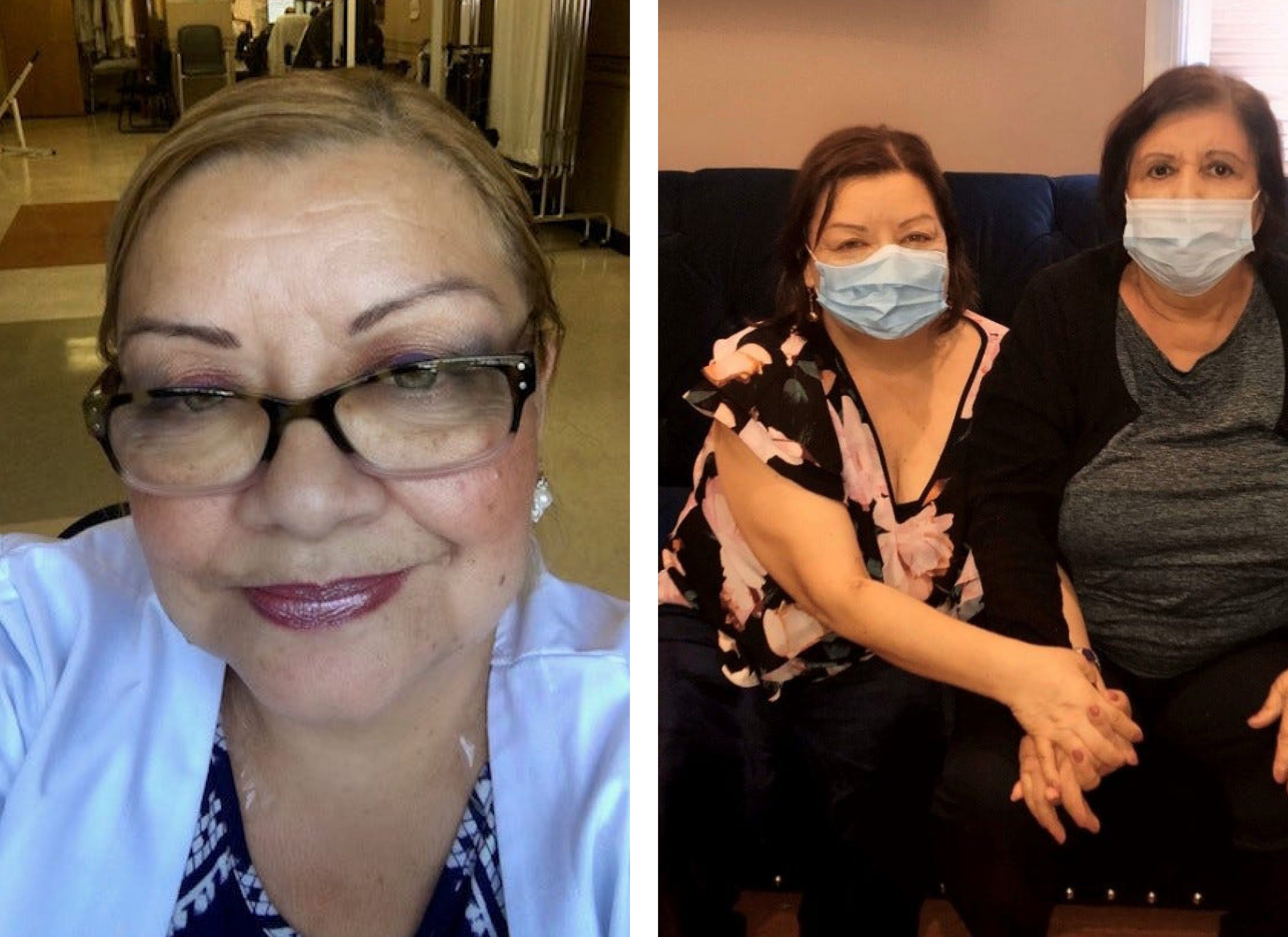 Patricia Cruz Elostta, left, in a photo before she contracted the coronavirus and, right, in a photo with her mother , Maria Alvarado, 80, as they both recovered from the virus in their Astoria, N.Y., home. Cruz, 57, an occupational therapist, spent 11 days in a field hospital set up in New York City’s Central Park by Samaritan’s Purse battling the coronavirus.