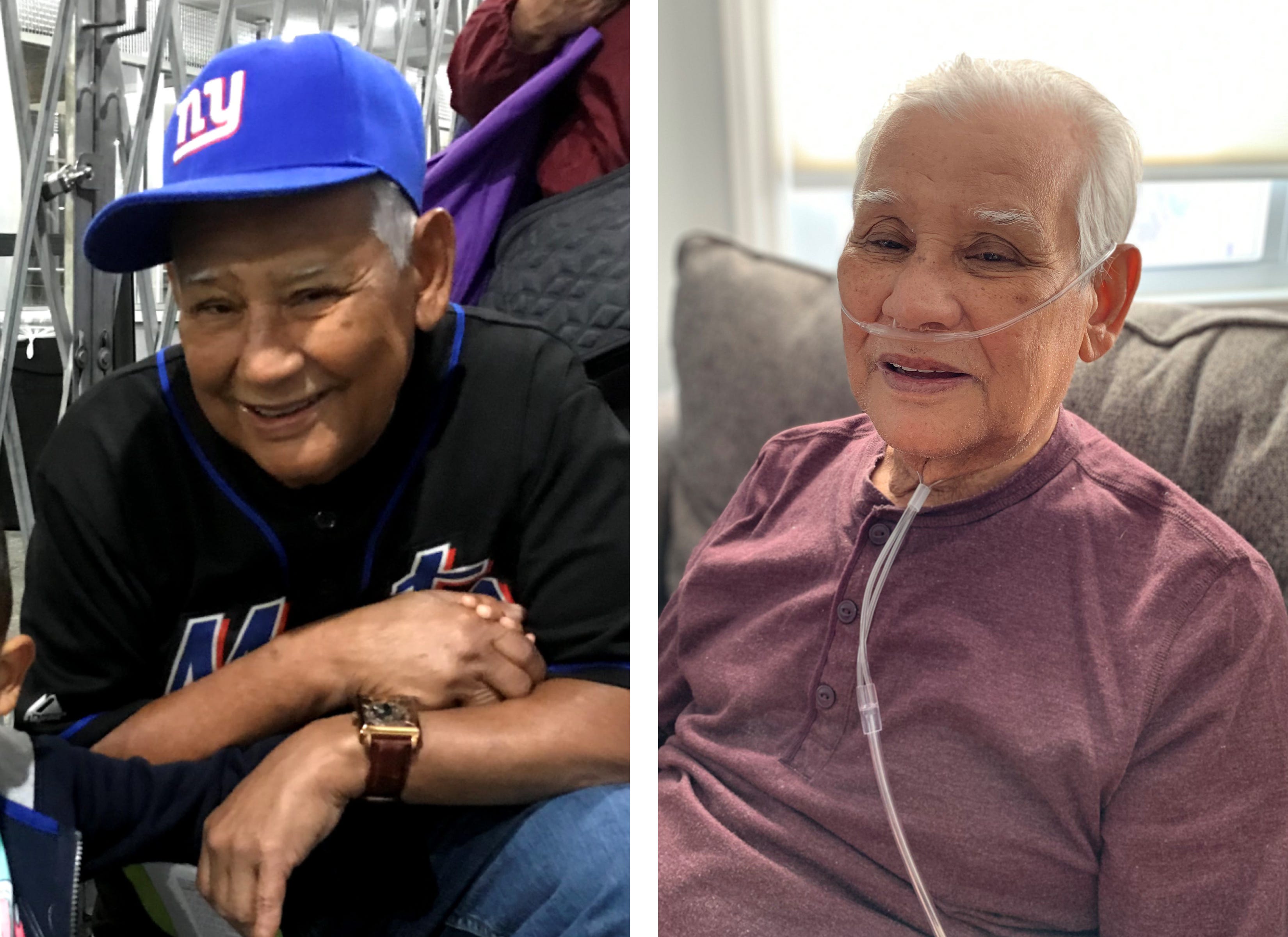 Angel Andujar, left, in a photo taken before he contracted the coronavirus and, right, after he returned home from the hospital. Andujar, 73, who is originally from Puerto Rico and lives in Clifton, N.J., spent 18 days in a hospital fighting the virus.