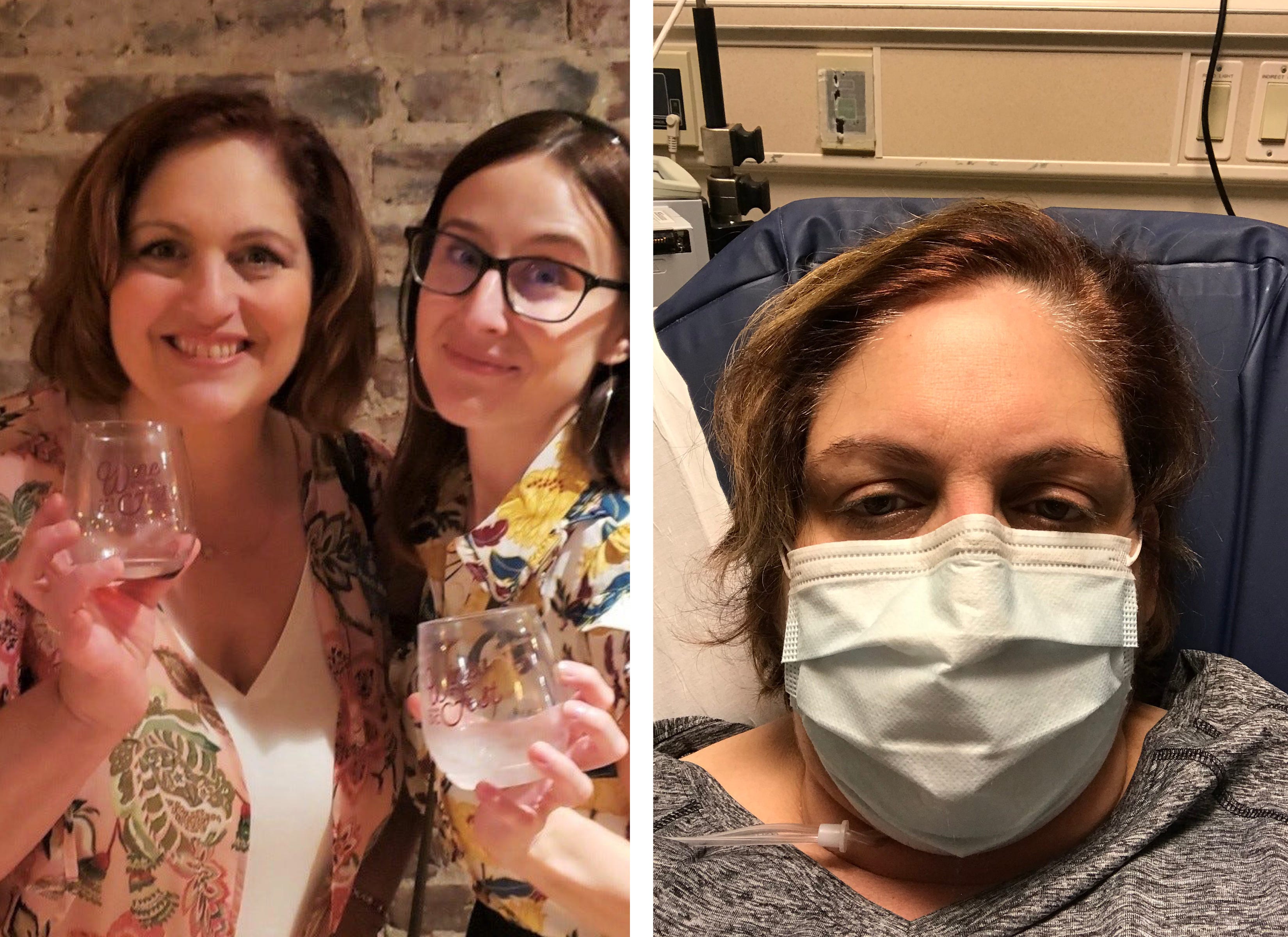 Lucretia Sette Morrone, at left, before contracting the coronavirus and, right, recovering the virus in a hospital. Morrone, of Oceanside, N.Y., still suffers from lingering symptoms, including body aches, blood clots and fatigue. “It’s never-ending,” she said.