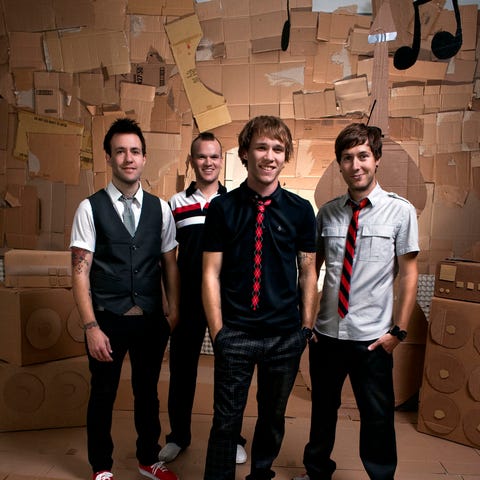 This is a publicity photo of the band Hawk Nelson.