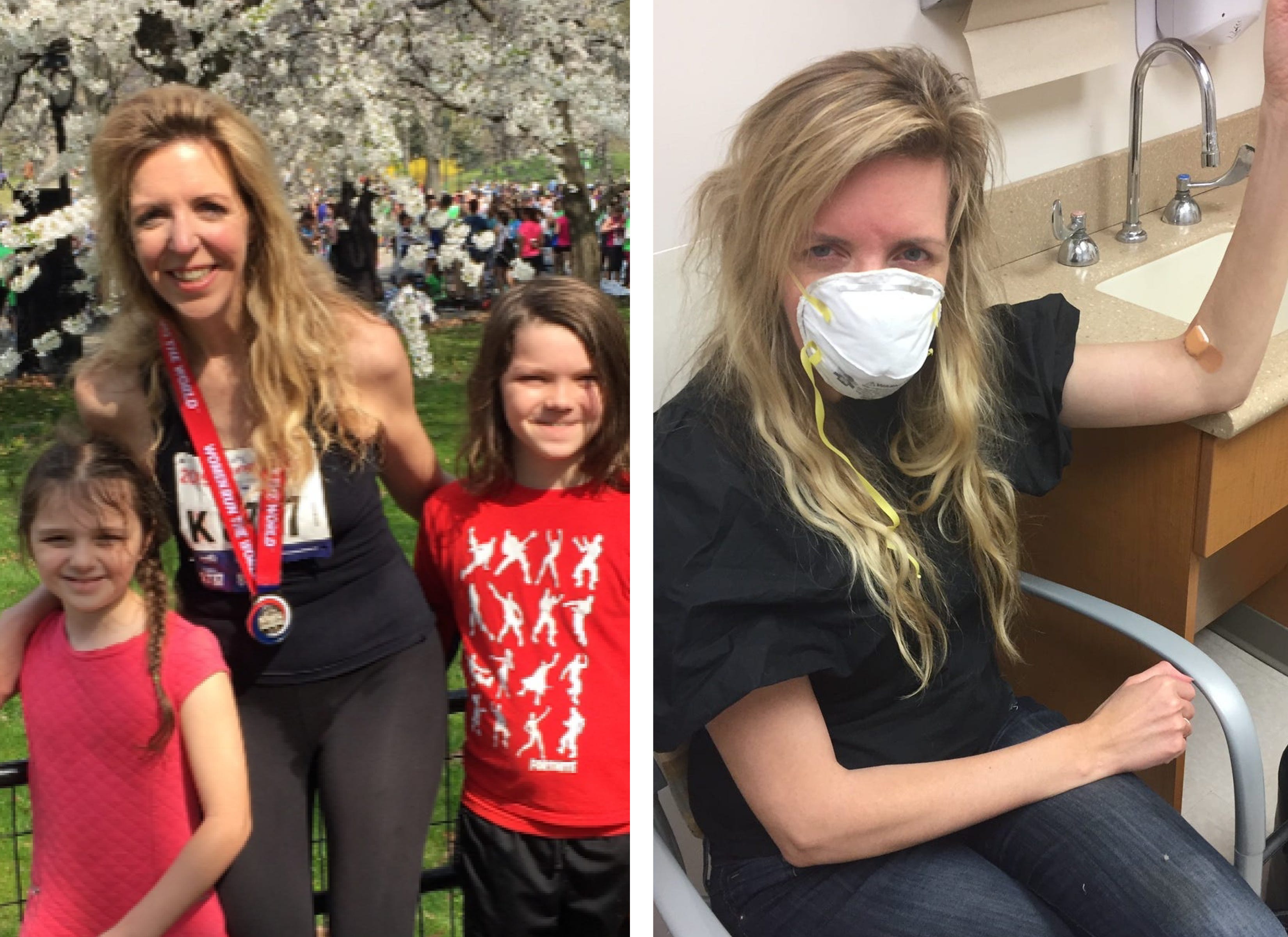 Before catching the coronavirus, Mary Pflum Peterson, left, was an avid runner who sometimes competed in half marathons. After recovering from the virus in her home, Peterson, right, went to Mount Sinai Hospital to have her blood drawn and tested for antibodies.