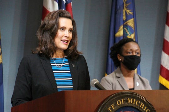 Gov. Gretchen Whitmer recently provides an update on COVID-19 in Michigan. With her is MDHHS Chief Deputy for Health and Chief Medical Executive Dr. Joneigh Khaldun, right.