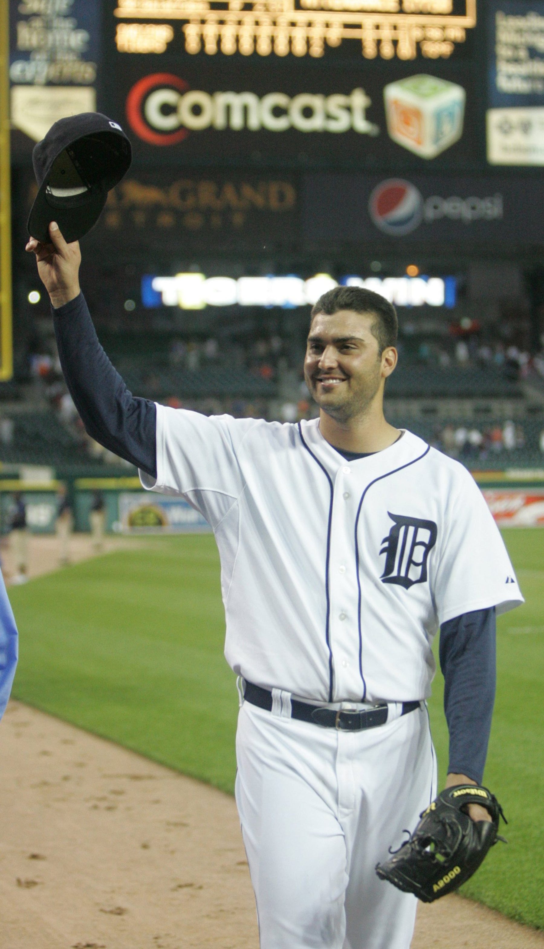 Detroit Tigers' Armando Galarraga waves to fans after pitching a near perfect game against the Cleveland Indians, Wednesday, June 2, 2010 at Comerica Park.