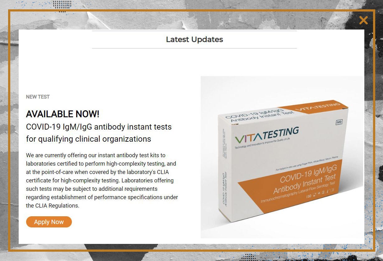 A screenshot of Vita Testing’s website, offering rapid antibody tests.