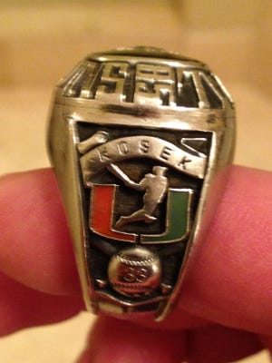 Rick Kosek's championship ring from the University of Miami (Fla.) baseball team in 1985.