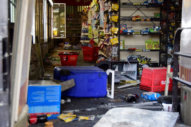 The interior of the CVS at 175 N. Illinois St. is seen on May 30, 2020 after it was looted and torched early Saturday morning.