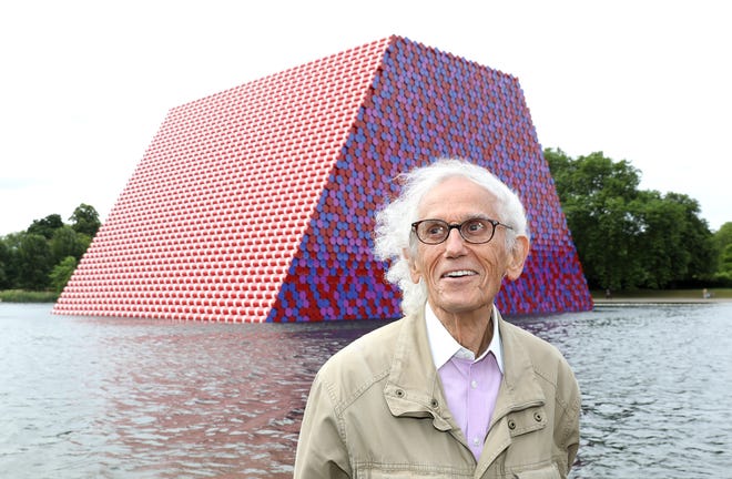 Christo with one of his installation pieces in London.