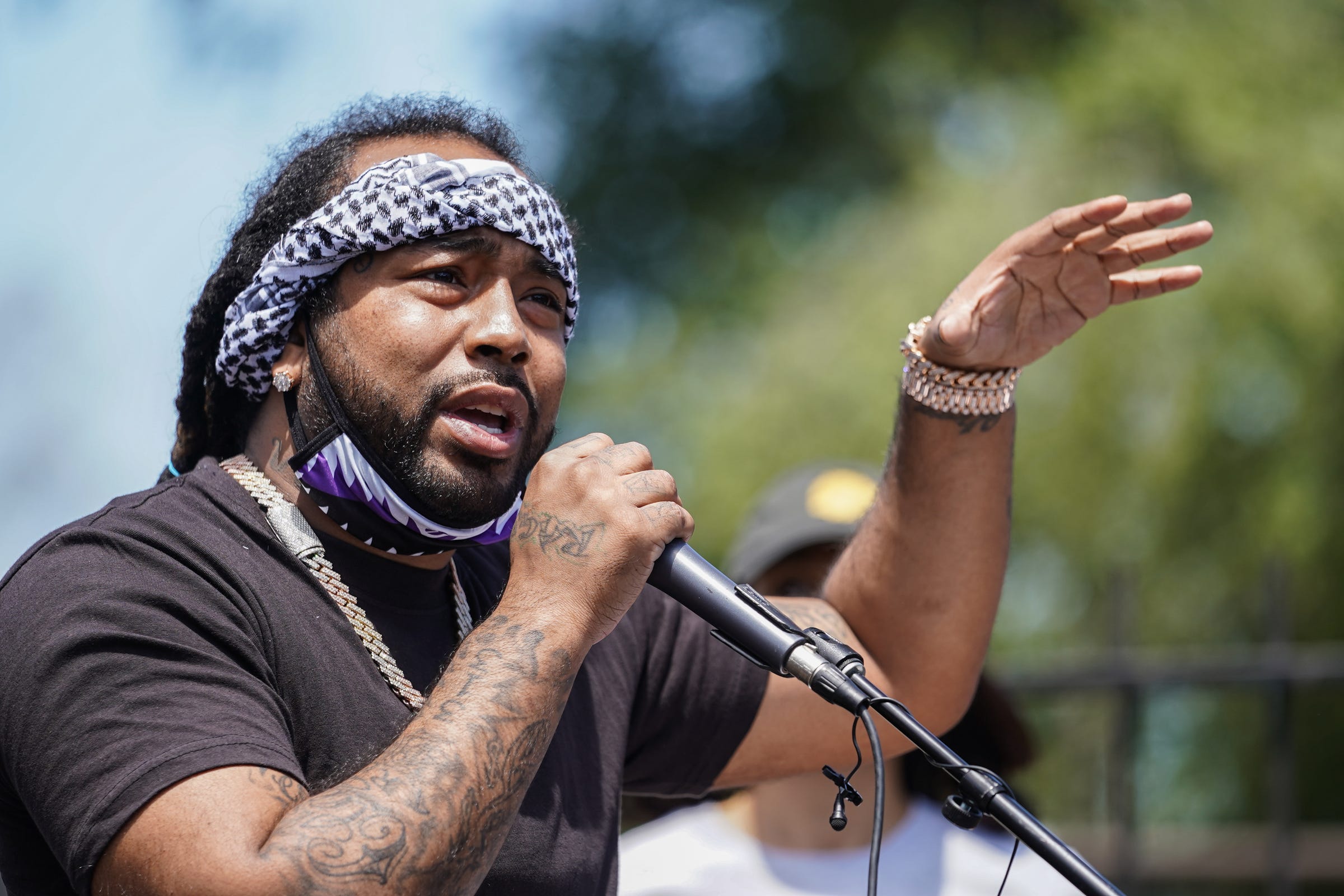 Icewear Vezzo speaks during a rally at the Detroit Association of Black Organizations in Detroit on June 1, 2020.