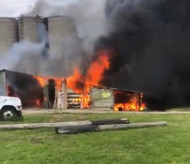 Crews responded to a barn fire in the 13000 block of Highland Road in Hartland Township on Monday, June 1, 2020.