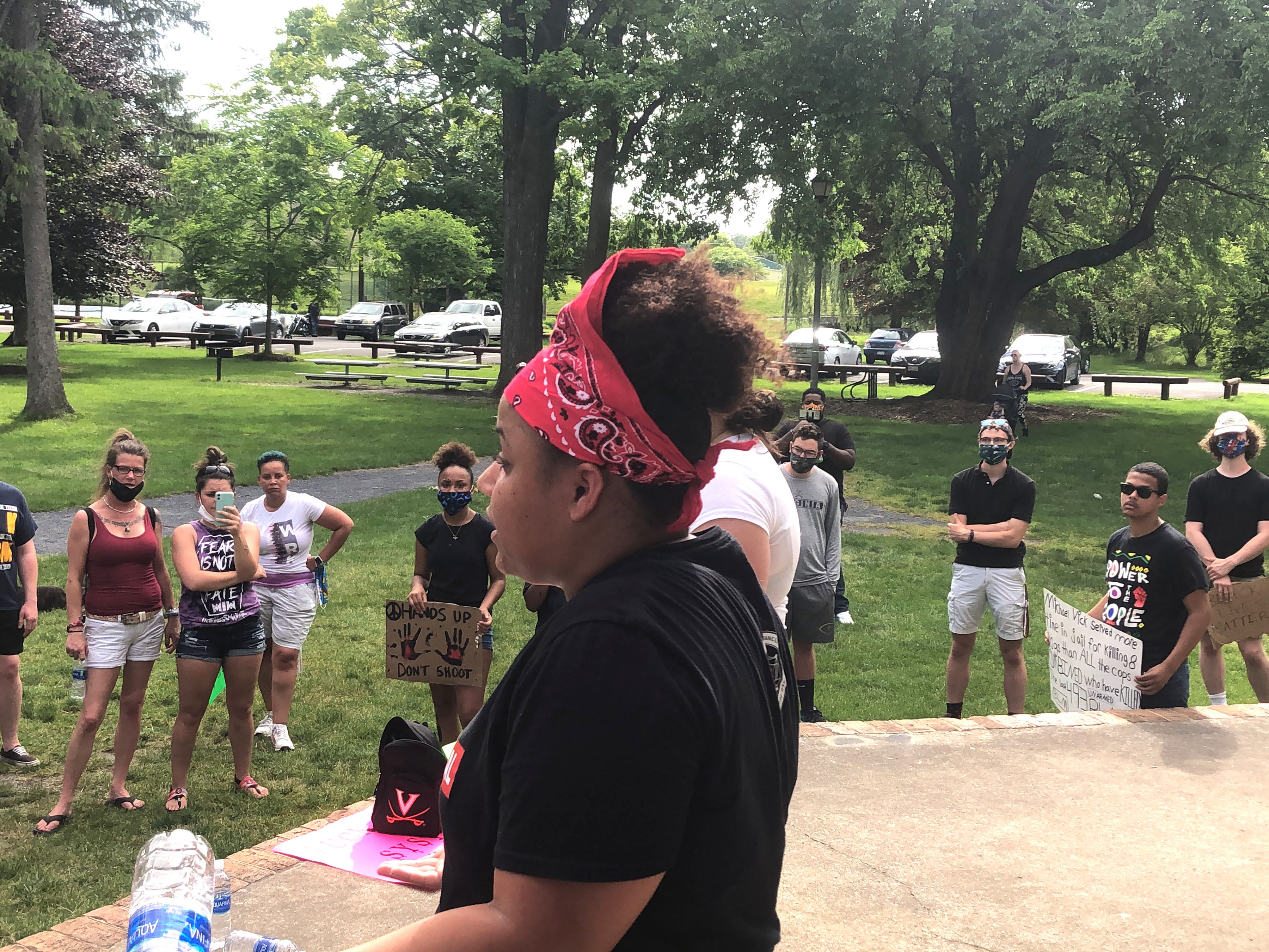 Christa Gleaves, spoke to the protesters in Gypsy Hill Park Tuesday, June 2, following a silent march through downtown Staunton, Va.