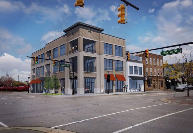 A rendering shared during the Northville Planning Commission meeting June 2 of what the proposed three-story building at North Center Street and Dunlap would look like.
