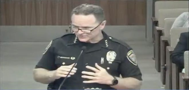 A screenshot of the Oxnard City Council meeting on Tuesday shows Police Chief Scott Whitney addressing elected officials about the recent protest over the death of George Floyd.