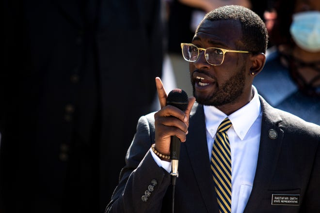 IA Rep. Ras Smith, D-Waterloo, speaks to the press during a news conference announcing a proposal from Democratic law makers to address police misconduct on Thursday, June 4, 2020, outside of the Iowa State Capitol in Des Moines.