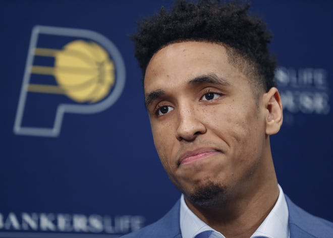 Malcolm Brogdon talks to the media at Bankers Life Fieldhouse on July 8, 2019.