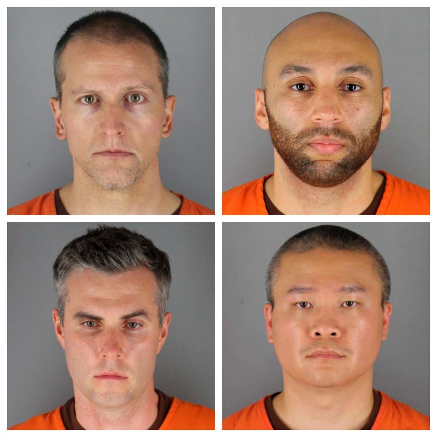 This combination of photos provided by the Hennepin County Sheriff's Office in Minnesota on June 3 shows, clockwise from top left, Derek Chauvin, J. Alexander Kueng, Tou Thao and Thomas Lane. The officers were charged in the death of George Floyd, a Black man who died after being restrained by Chauvin on May 25.