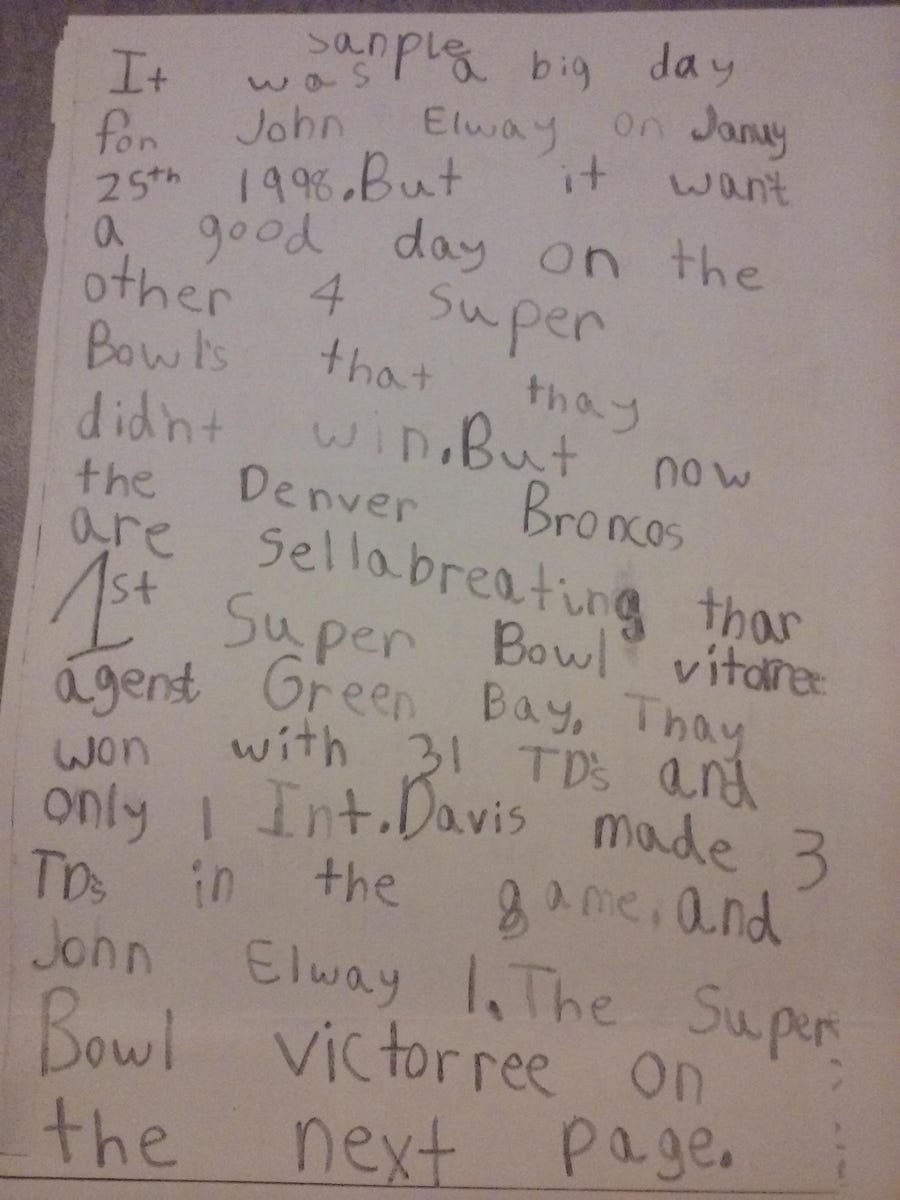 This is the lede to Tom Schad's game story from Super Bowl XXXII when he was 6 years old.