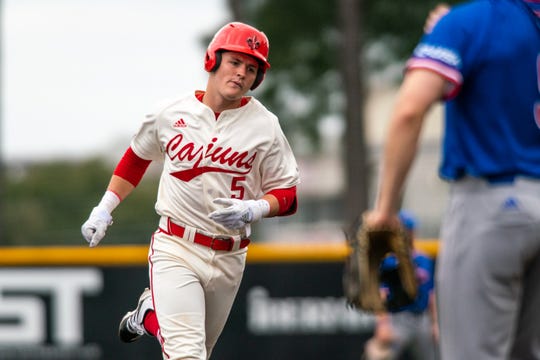 UL shortstop Hayden Cantrelle, a 2020 MLB Draft prospect, rounds the bases after homering against Louisiana Tech last February.