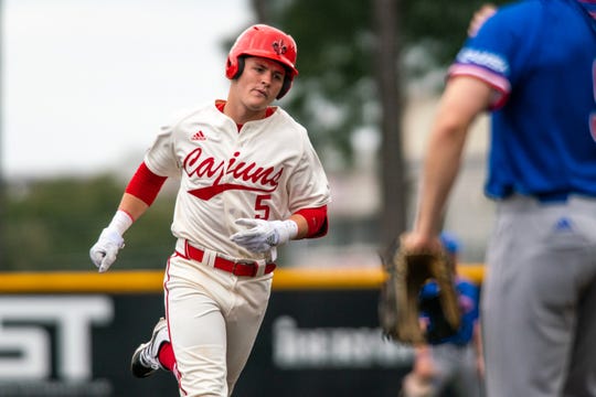 UL shortstop Hayden Cantrelle, a 2020 MLB Draft prospect, rounds the bases after homering against Louisiana Tech last February.