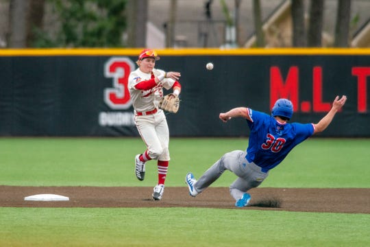 UL shortstop Hayden Cantrelle turns a double play during a February game against Louisiana Tech on M.L. "Tigue" Moore Field at Russo Park.