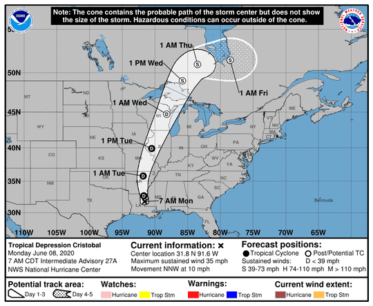 The path of Tropical Storm Cristobal is expected to move through Wisconsin Tuesday and Wednesday, unleashing heavy rains and gusty winds. Credit: National Hurricane Center