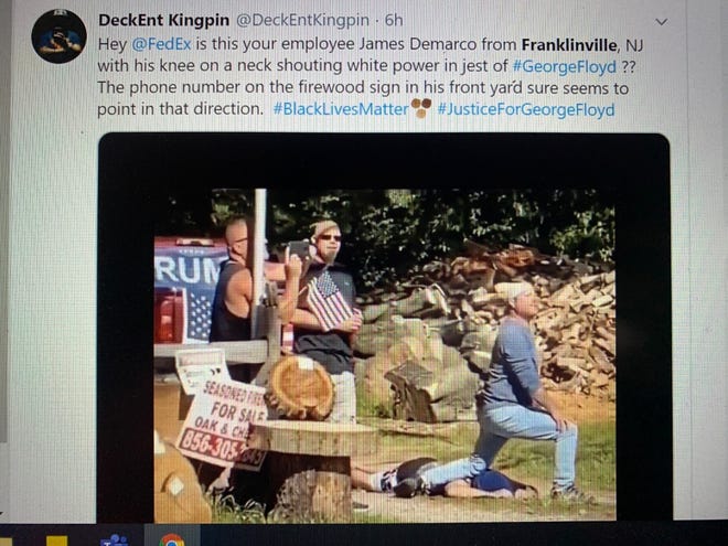 Video of men along the Black Lives Matter march route in Franklinville, New Jersey has gone viral after allegedly reenacting the police-involved death of George Floyd. This is a screen shot from the viral video circulating on Twitter and other social media.