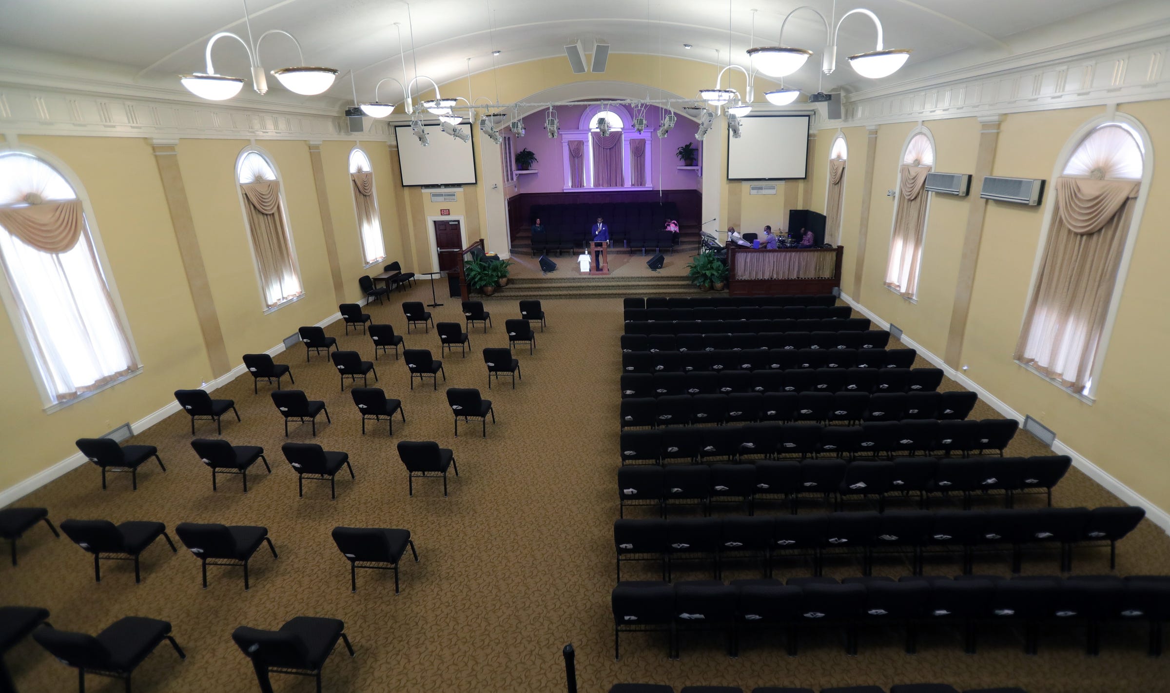 Third New Hope lead pastor QuanTez Pressley gives his sermon via live stream Sunday, May 24, 2020. About  950 members regularly attend services in person however the seating is being rearranged to accommodate the social distancing requirements.