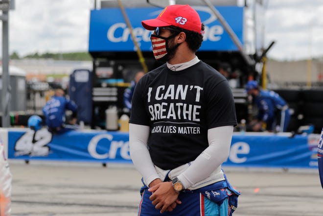 Bubba Wallace wears a shirt in support of George Floyd and Black Lives Matter before Sunday's NASCAR Cup race at Atlanta Motor Speedway.