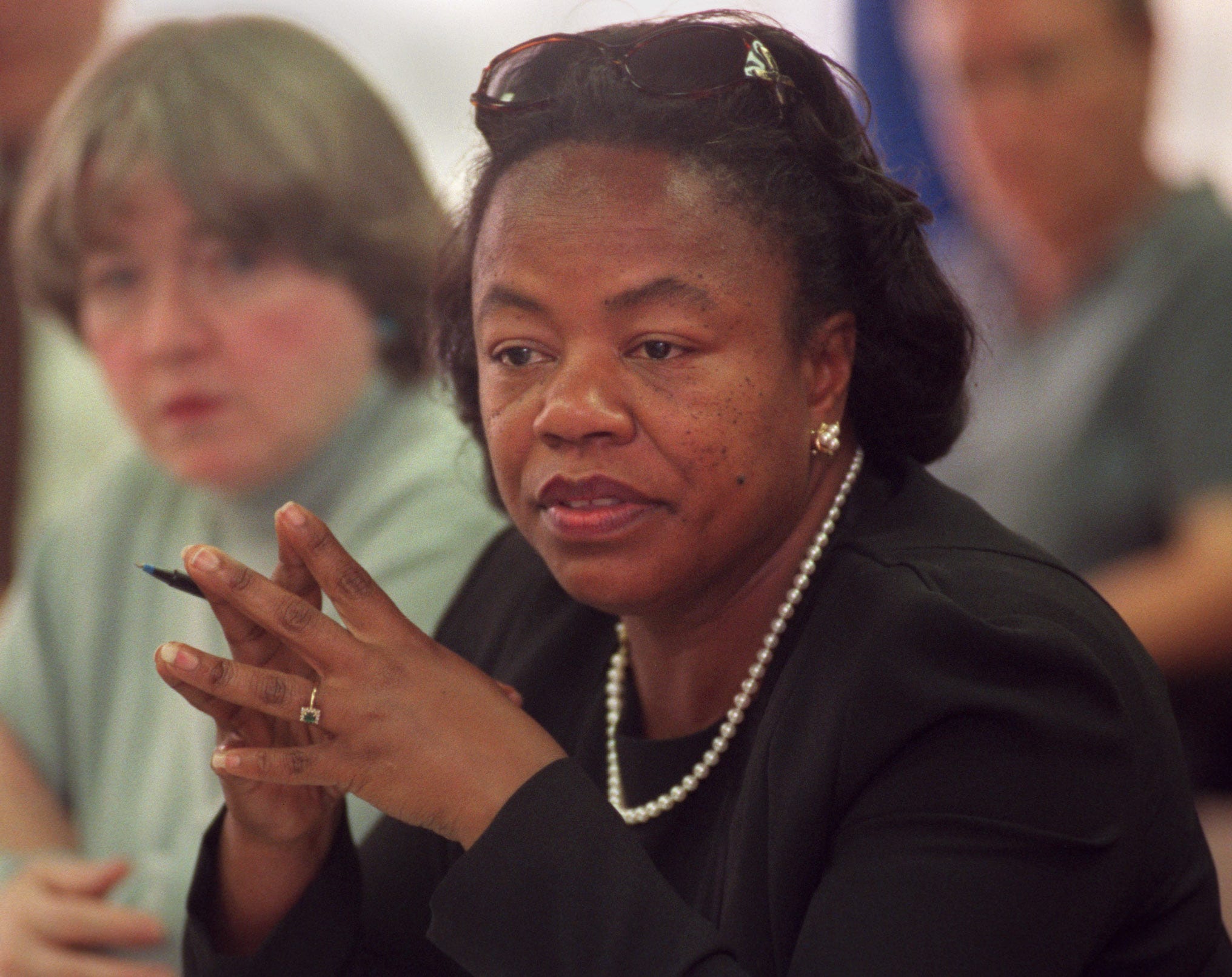 Mayor Sharon Sayles Belton and Council President Jackie Cherryhomes discuss the city's affordable housing crunch on June 18, 1999, in Minneapolis. Sayles Belton listened to housing advocates, concerned citizens and members of neighborhood groups at a meeting to discuss the city's affordable housing crunch, an aftermath of a protest which stopped demolition of housing.