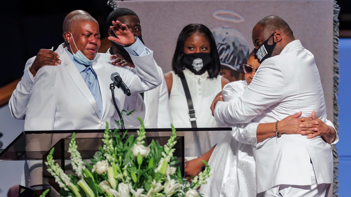 LaTonya Floyd speaks during the funeral for her brother, George Floyd, on Tuesday, June 9, 2020, at The Fountain of Praise church in Houston.