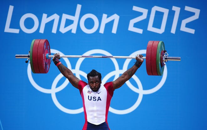 Kendrick Farris competes in the Mens 85kg Weightlifting at the London 2012 Olympic Games at ExCeL on August 3, 2012 in London, England.