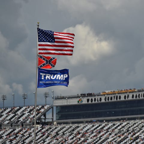 A general view of an American flag flying above a 