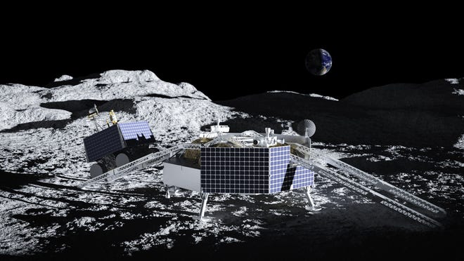 Astrobotic's VIPER lunar rover is deployed from the Griffin lander in this company rendering released on Thursday, June 11, 2020. The rover will launch in 2023 as a pathfinder to study to moon before NASA's Artemis program takes astronauts back a year later.