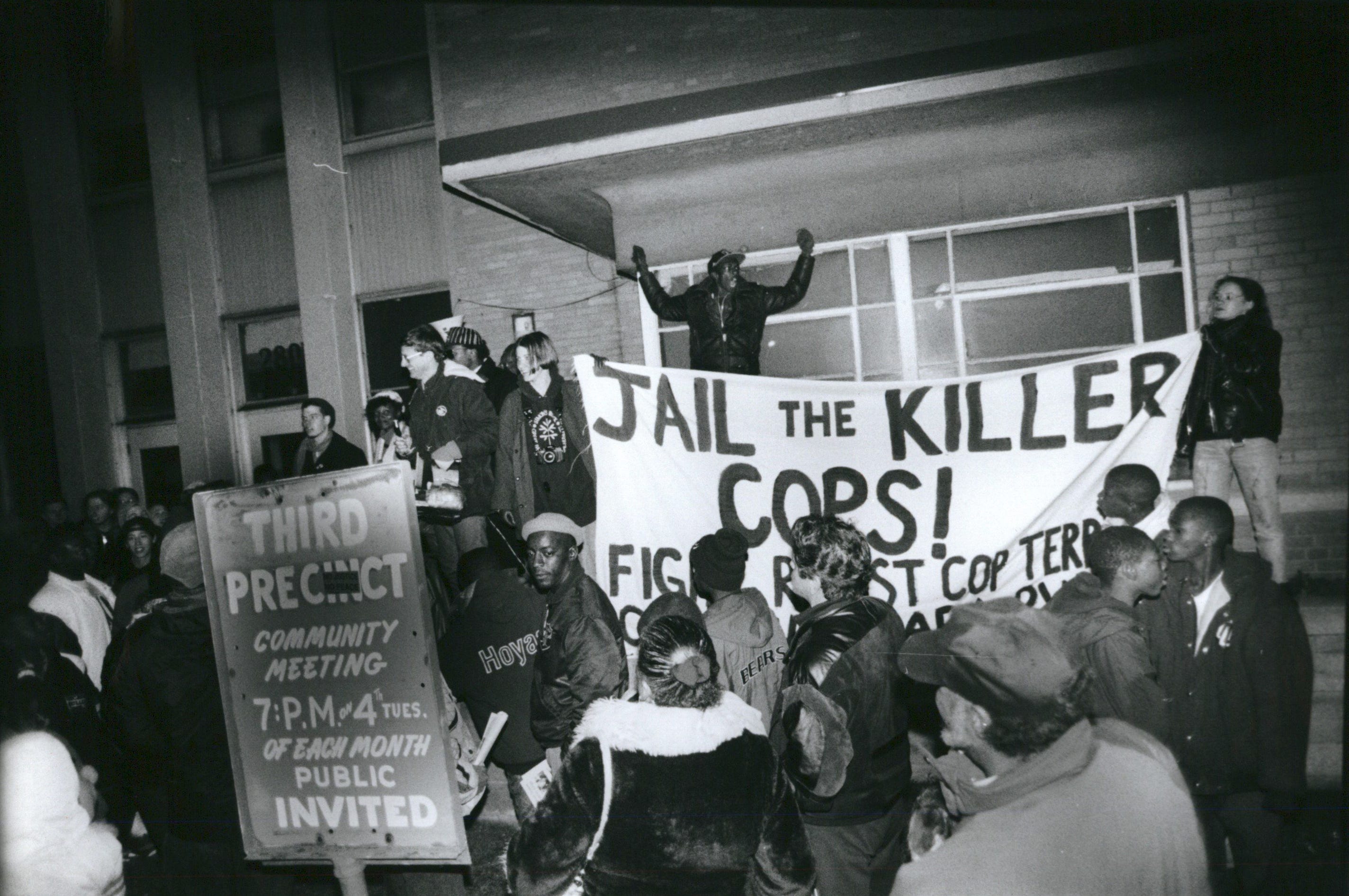 On Nov. 16, 1992, protesters rallied outside the 3rd Precinct in Corktown after marching from the spot at 23rd Street and Warren Avenue where Malice Green was beaten to death on Nov. 5, 1992.