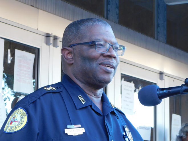 Opelousas Police Chief Martin McLendon speaks to a group of protesters after one of his white officers is accused of excessive force against a black teen.