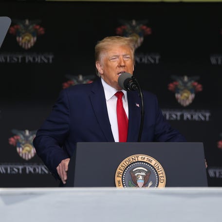 June 13, 2020; West Point, NY, USA; President Donald J. Trump addresses the graduates of the Class of 2020 during the commencement ceremony on the Plain at West Point. Mandatory Credit: John Meore/The Journal News via USA TODAY NETWORK