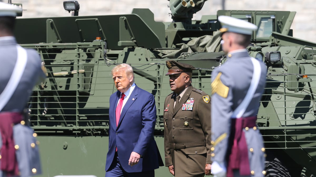 June 13, 2020; West Point, NY, USA; President Donald J. Trump arrives with West Point Superintendent Lt. General Darryl Williams during the Class of 2020 commencement ceremony on the Plain at West Point. Mandatory Credit: John Meore/The Journal News via USA TODAY NETWORK