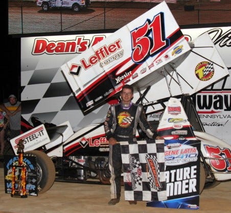 Freddie Rahmer is shown after winning Saturday night's 410 sprint race at Lincoln Speedway