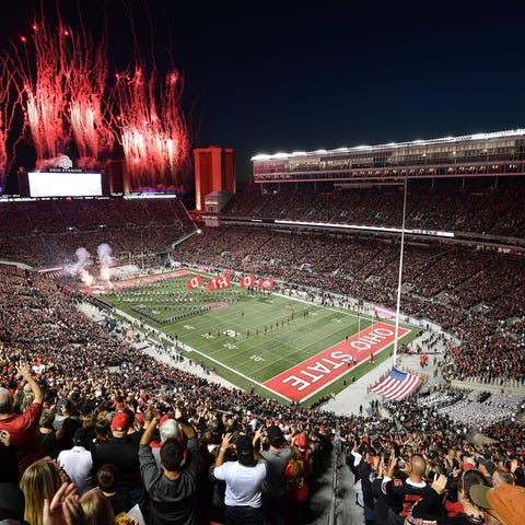 Fireworks go off as the Ohio State Buckeyes take t