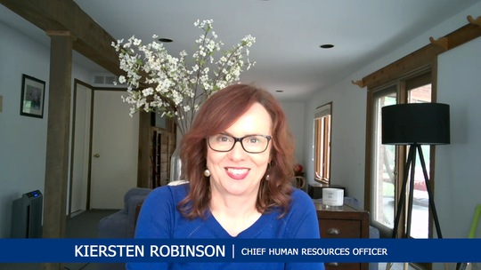 Kiersten Robinson, chief human resources officer, presents to a Ford global town hall from her home in Franklin via Webex on May 28.