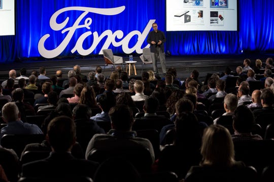 Ken Washington, Ford chief technology officer, talks to hundreds of Ford employees at Ford World Headquarters in January. These sorts of large meetings are no longer allowed by the automaker due to the coronavirus.