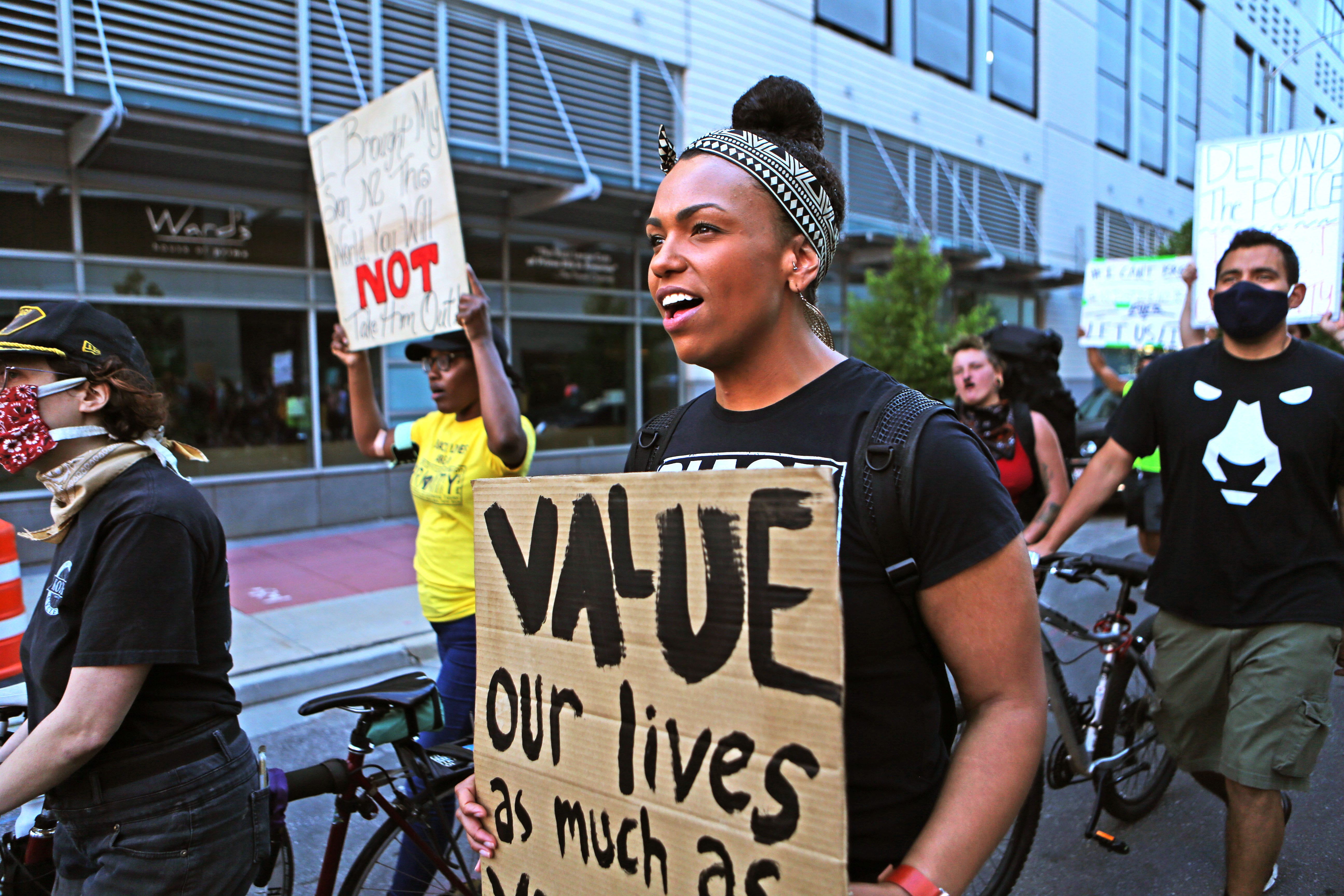 Jesse Ambos-Kleckley, 30, marches with others in downtown Milwaukee to bring attention to police brutality on June 16.