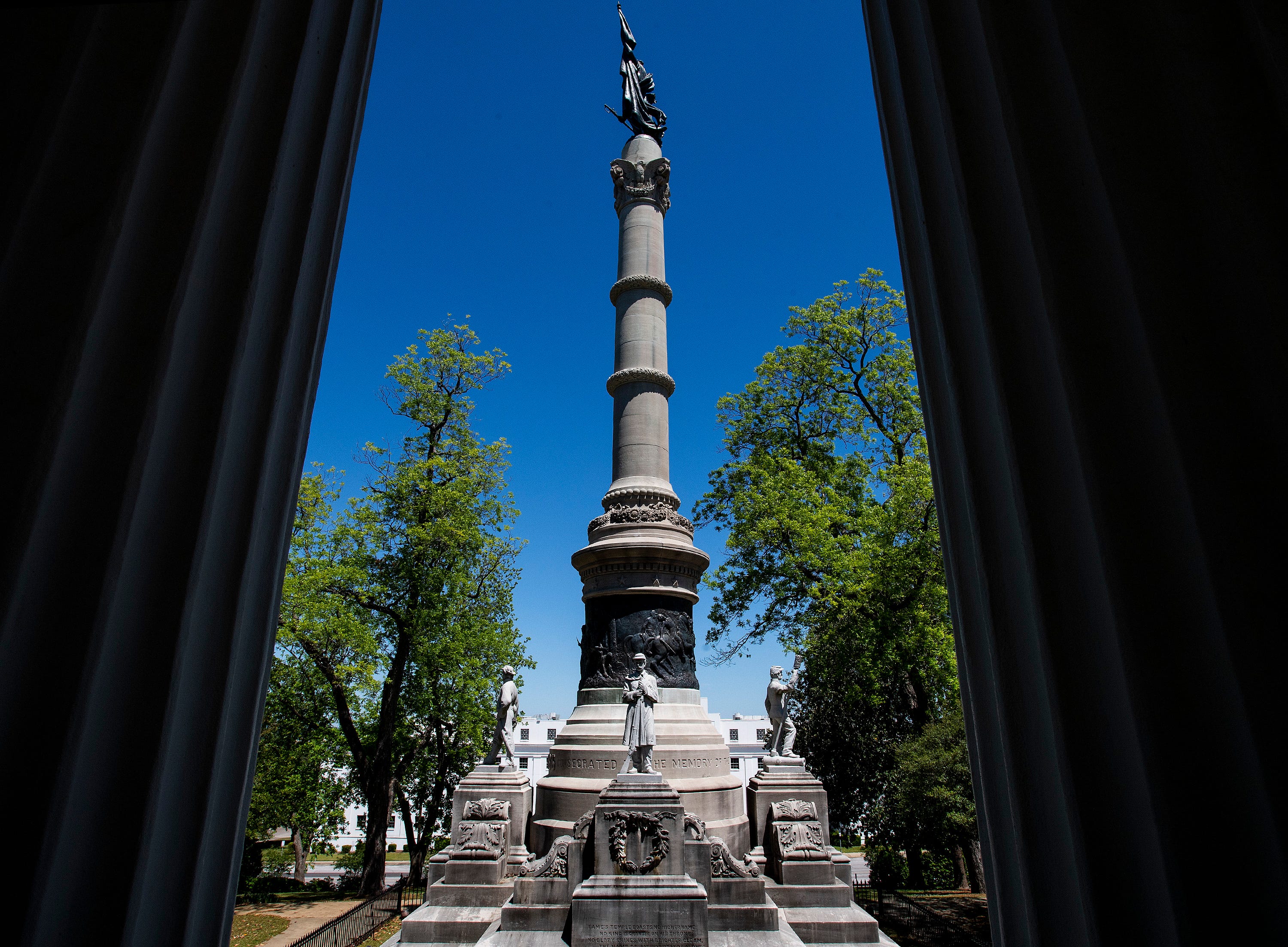 The Confederate Monument on the grounds of the Alabama State Capitol Building in Montgomery, Ala., on Confederate Memorial Day Monday April 27, 2020.