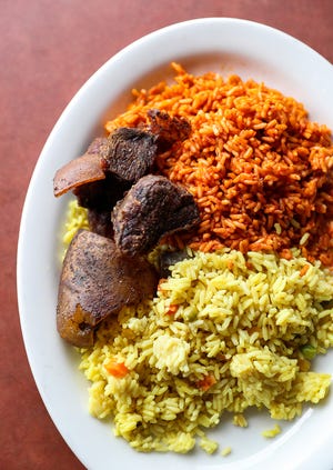 Fried rice, jollof rice and goat meat are some characteristic African-derived foods