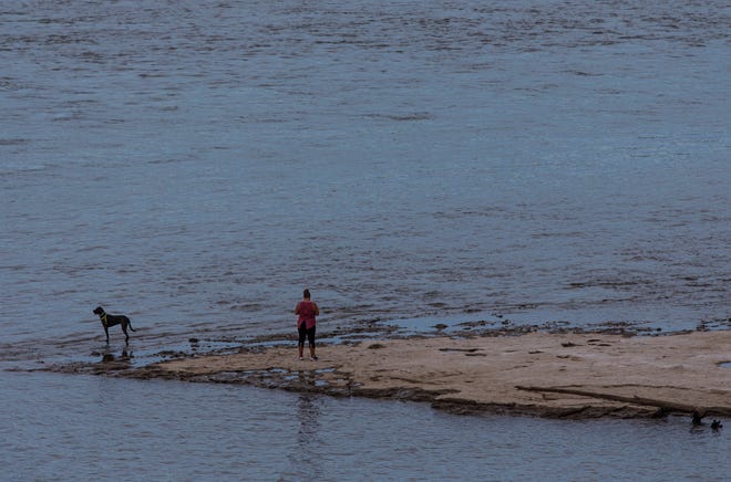 A woman and her dog took an early morning walk along the fossil beds of the Falls of the Ohio. June 18, 2020