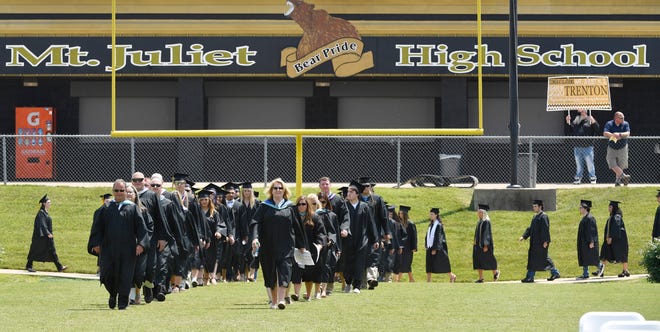 Graduates parade onto the football field for graduation of the 2020 class at Mt. Juliet High School in Mt. Juliet, Tenn. Thursday, June 18, 2020. 
