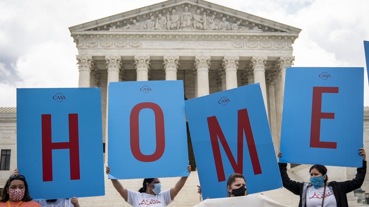 WASHINGTON, DC - JUNE 18: DACA recipients and their supporters rally outside the U.S. Supreme Court on June 18, 2020 in Washington, DC. On Thursday morning, the Supreme Court, in a 5-4 decision, denied the Trump administration's attempt to end DACA, the Deferred Action for Childhood Arrivals program.